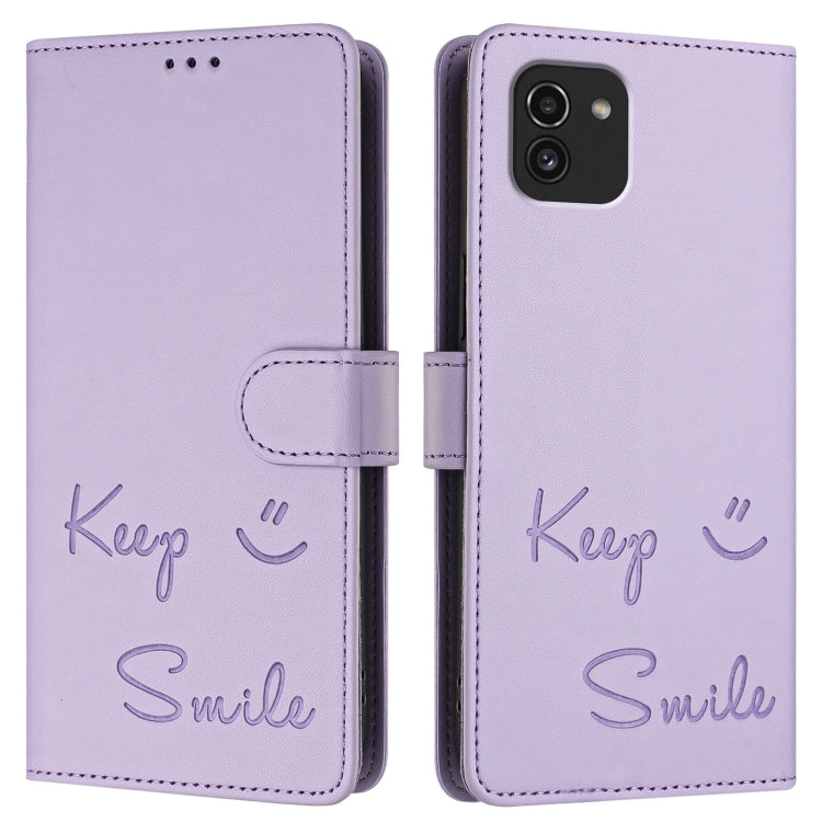 For Samsung Galaxy A03 164mm Smile Embossing RFID Leather Phone Case