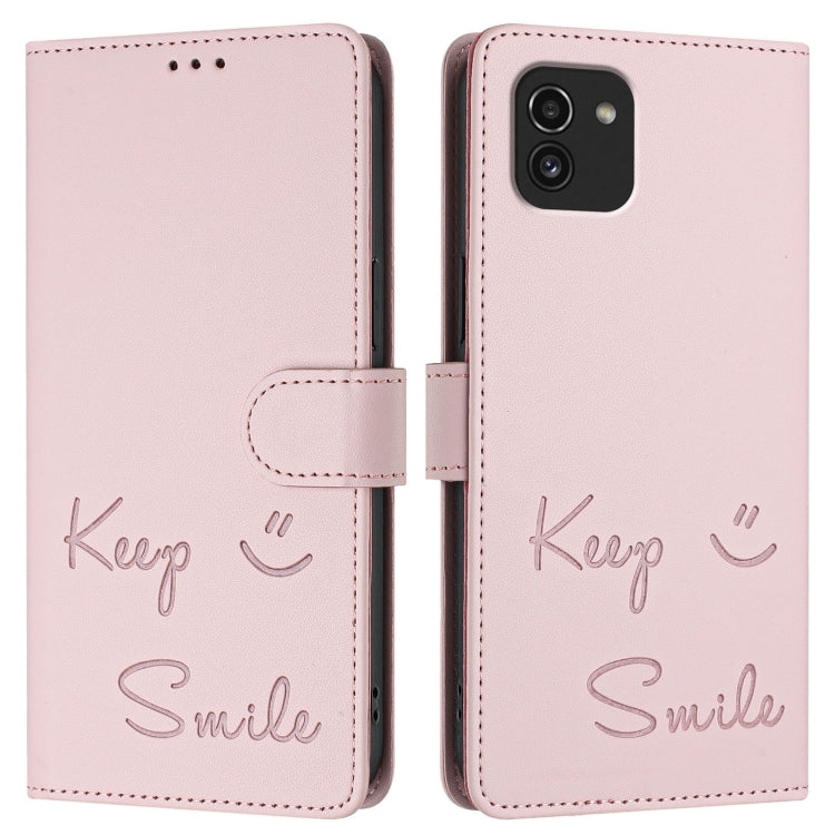 For Samsung Galaxy A03 166mm Smile Embossing RFID Leather Phone Case