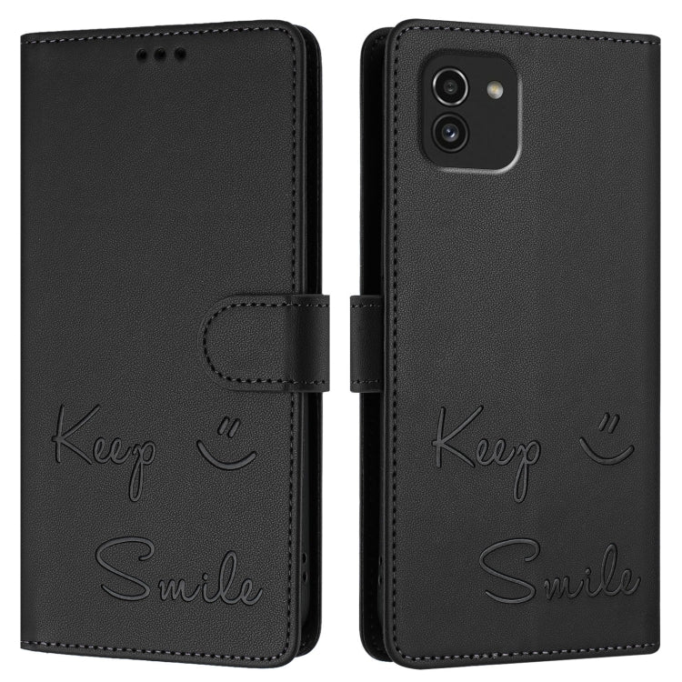 For Samsung Galaxy A03 166mm Smile Embossing RFID Leather Phone Case