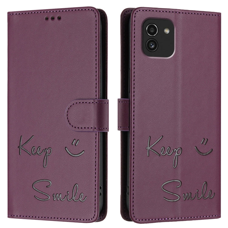 For Samsung Galaxy A03 166mm Smile Embossing RFID Leather Phone Case
