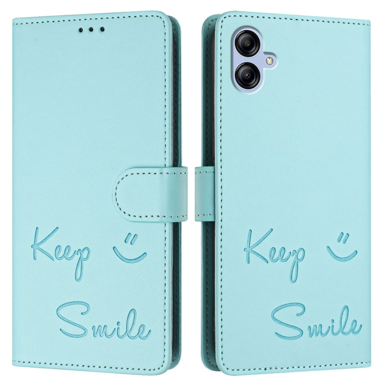 For Samsung Galaxy A04e / F04 / M04 4G Smile Embossing RFID Leather Phone Case