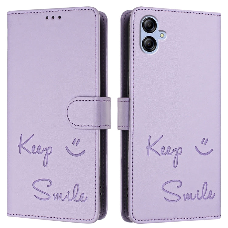 For Samsung Galaxy A04e / F04 / M04 4G Smile Embossing RFID Leather Phone Case