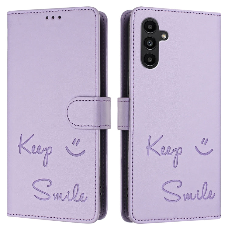 For Samsung Galaxy A13 5G / 4G / A04s Smile Embossing RFID Leather Phone Case