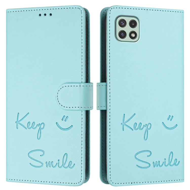 For Samsung Galaxy A22 5G / A22s / F42 5G Smile Embossing RFID Leather Phone Case
