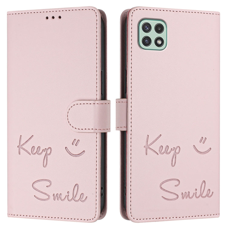 For Samsung Galaxy A22 5G / A22s / F42 5G Smile Embossing RFID Leather Phone Case