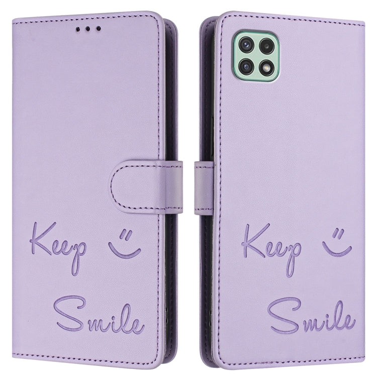 For Samsung Galaxy A22 5G / A22s / F42 5G Smile Embossing RFID Leather Phone Case