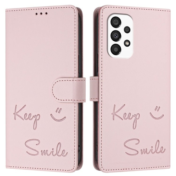 For Samsung Galaxy A33 5G Smile Embossing RFID Leather Phone Case