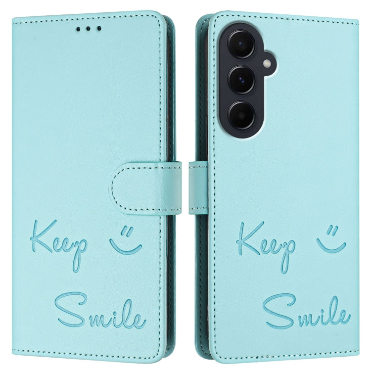 For Samsung Galaxy A55 5G Smile Embossing RFID Leather Phone Case