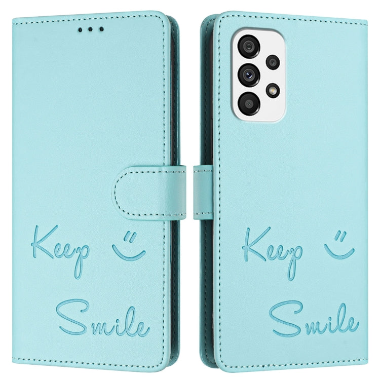 For Samsung Galaxy A73 5G Smile Embossing RFID Leather Phone Case