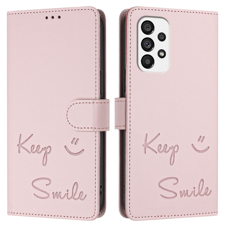 For Samsung Galaxy A73 5G Smile Embossing RFID Leather Phone Case