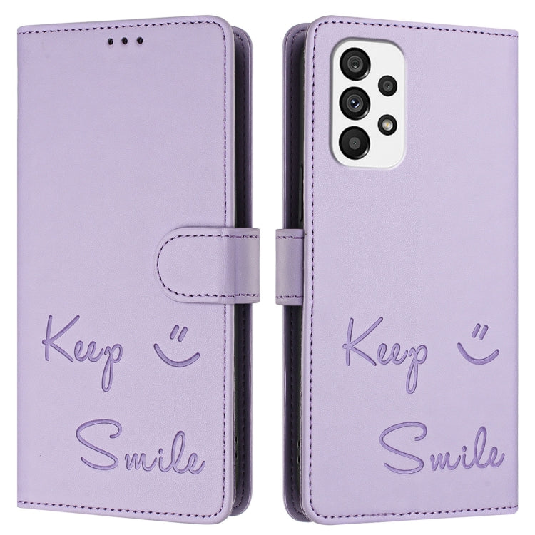 For Samsung Galaxy A73 5G Smile Embossing RFID Leather Phone Case