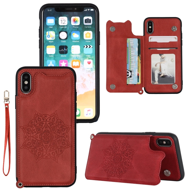 For iPhone XS / X Mandala Embossed PU + TPU Case with Holder & Card Slots & Photo Frame & Hand Strap