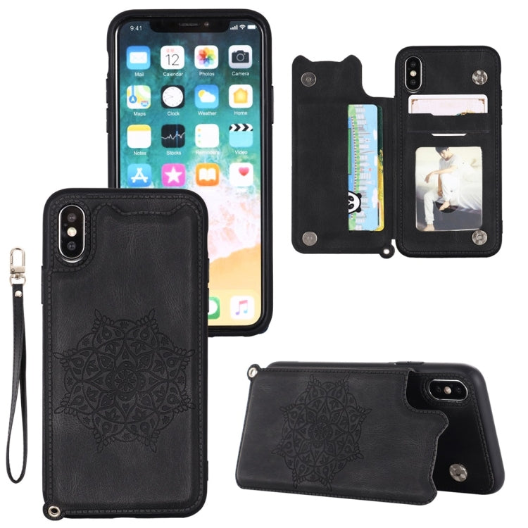 For iPhone XS / X Mandala Embossed PU + TPU Case with Holder & Card Slots & Photo Frame & Hand Strap