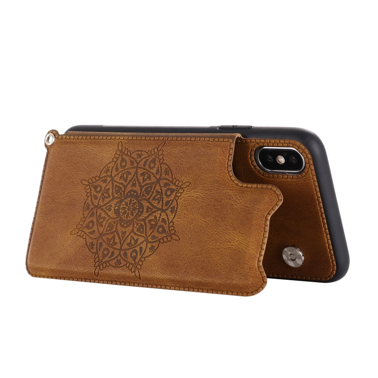For iPhone XS / X Mandala Embossed PU + TPU Case with Holder & Card Slots & Photo Frame & Hand Strap
