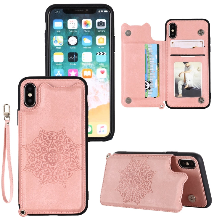 For iPhone XR Mandala Embossed PU + TPU Case with Holder & Card Slots & Photo Frame & Hand Strap