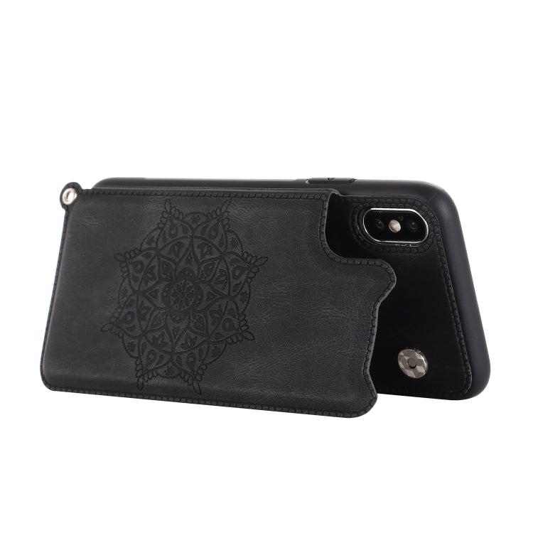 For iPhone XR Mandala Embossed PU + TPU Case with Holder & Card Slots & Photo Frame & Hand Strap