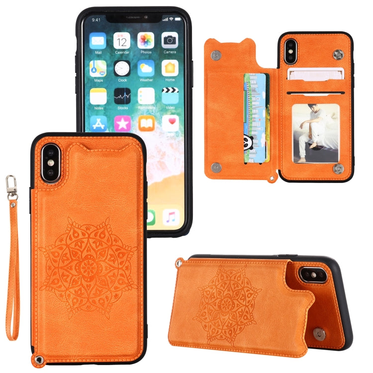 For iPhone XR Mandala Embossed PU + TPU Case with Holder & Card Slots & Photo Frame & Hand Strap