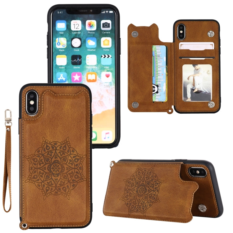 For iPhone XR Mandala Embossed PU + TPU Case with Holder & Card Slots & Photo Frame & Hand Strap