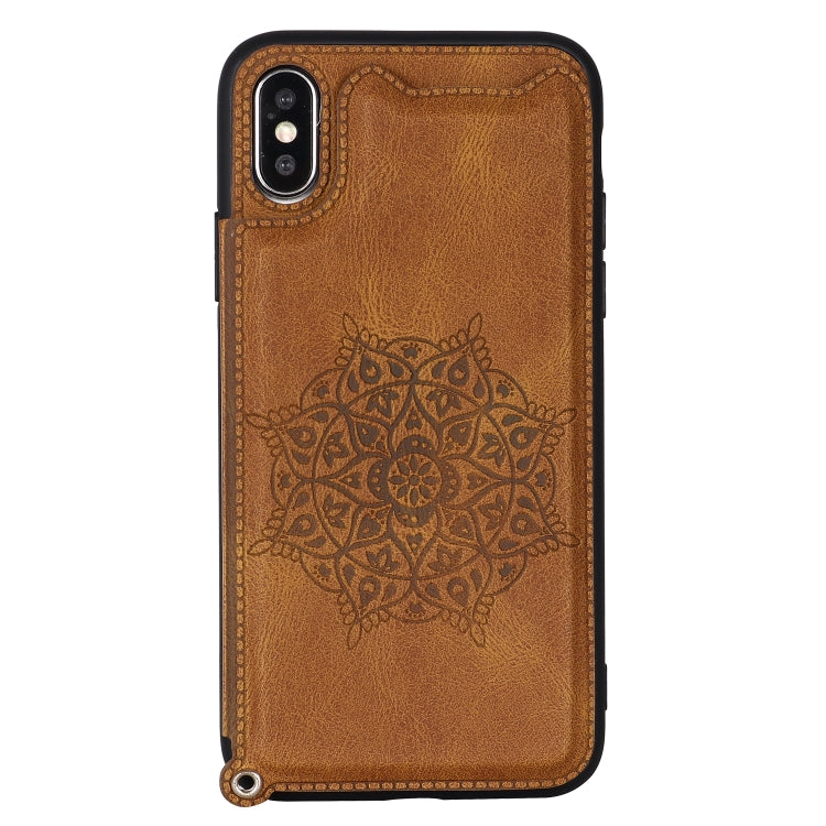 For iPhone XR Mandala Embossed PU + TPU Case with Holder & Card Slots & Photo Frame & Hand Strap