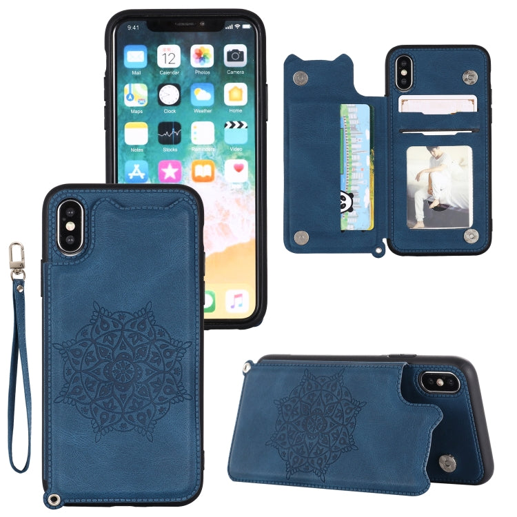 For iPhone XR Mandala Embossed PU + TPU Case with Holder & Card Slots & Photo Frame & Hand Strap