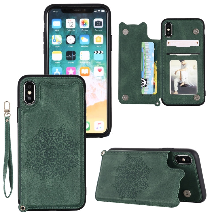 For iPhone XR Mandala Embossed PU + TPU Case with Holder & Card Slots & Photo Frame & Hand Strap