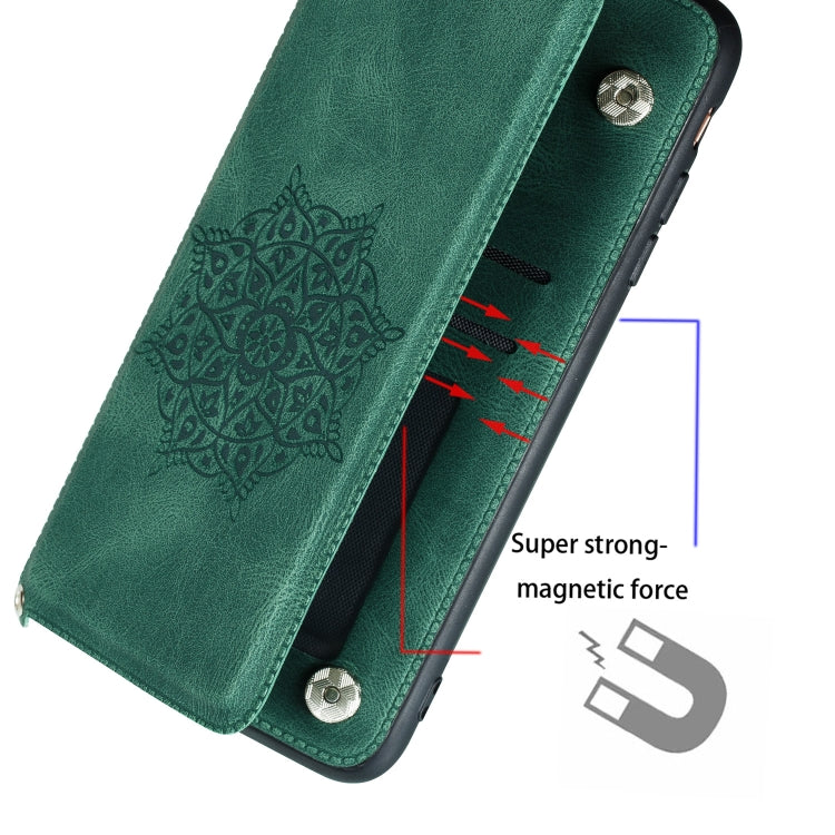 For iPhone 11 Mandala Embossed PU + TPU Case with Holder & Card Slots & Photo Frame & Hand Strap