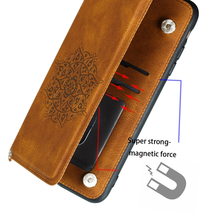 For iPhone 11 Pro Max Mandala Embossed PU + TPU Case with Holder & Card Slots & Photo Frame & Hand Strap