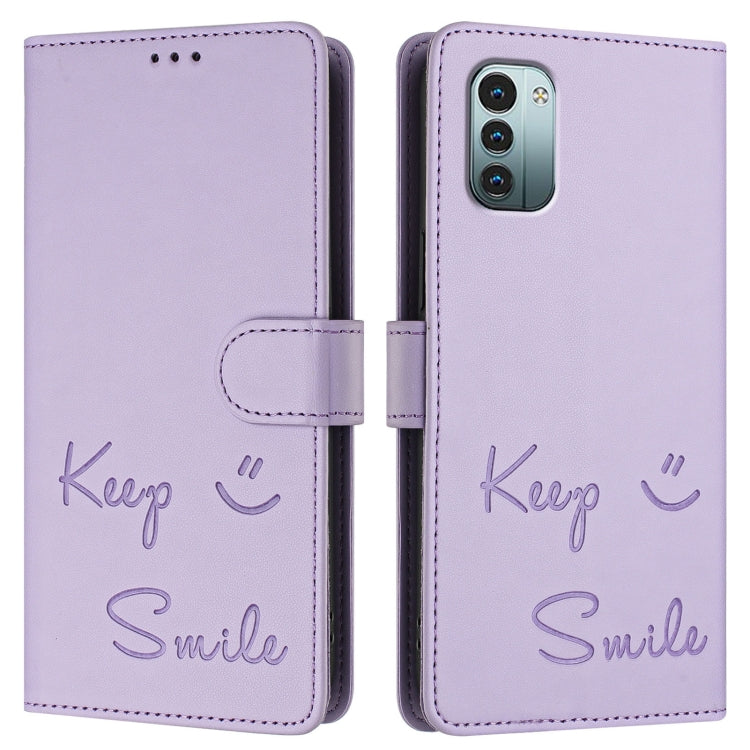 For Nokia G11 / G21  Smile Embossing RFID Leather Phone Case