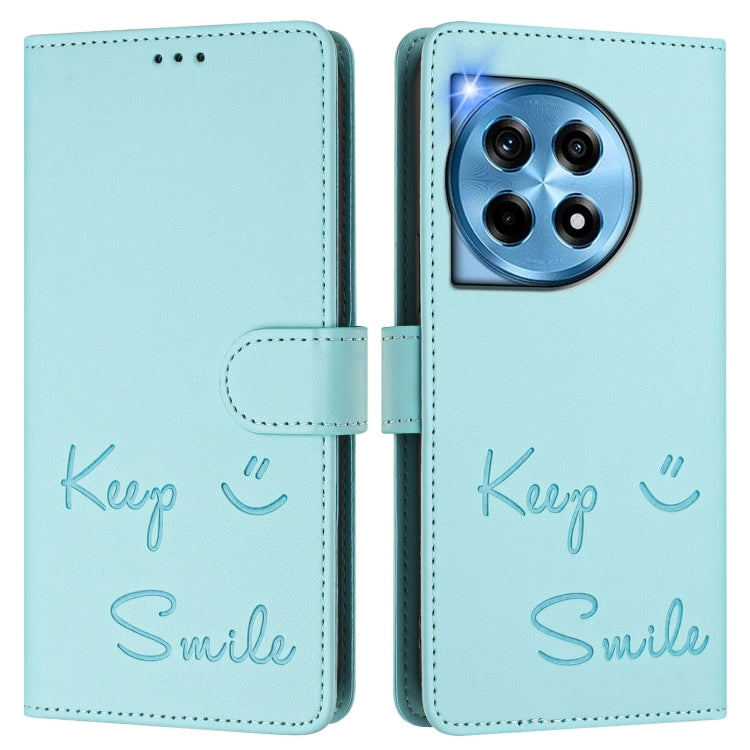 For OnePlus 12R 5G Global Smile Embossing RFID Leather Phone Case