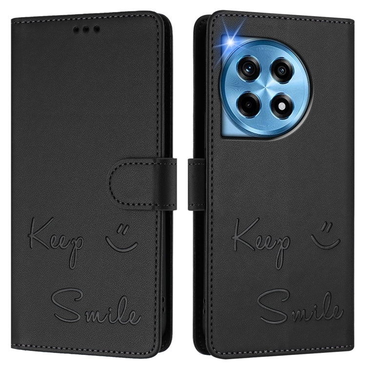 For OnePlus 12R 5G Global Smile Embossing RFID Leather Phone Case
