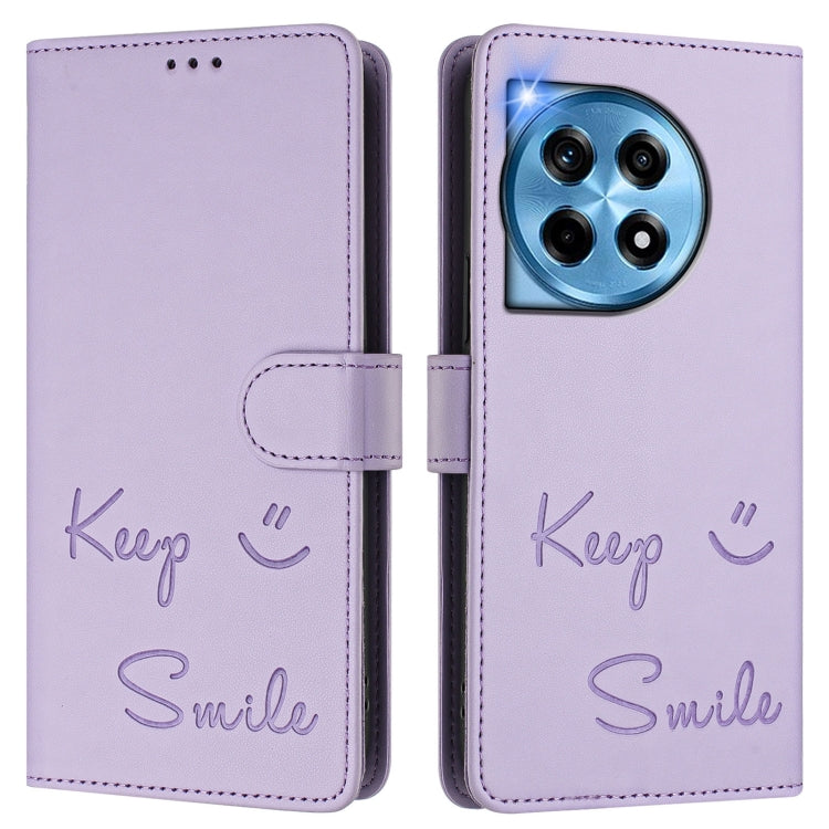 For OnePlus 12R 5G Global Smile Embossing RFID Leather Phone Case