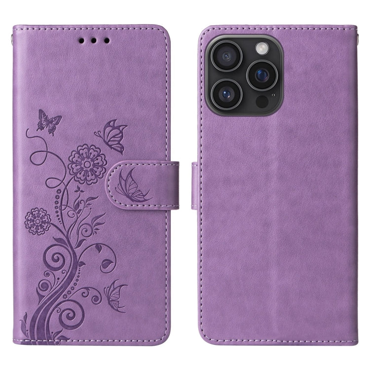 For iPhone 16 Pro Max Embossed Butterfly Flowers Leather Phone Case