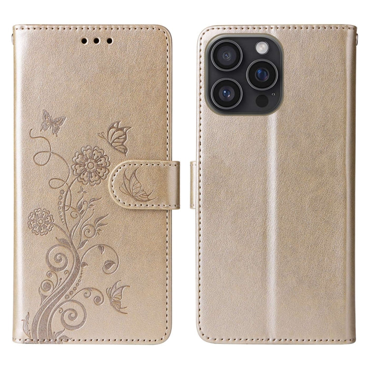 For iPhone 16 Pro Embossed Butterfly Flowers Leather Phone Case