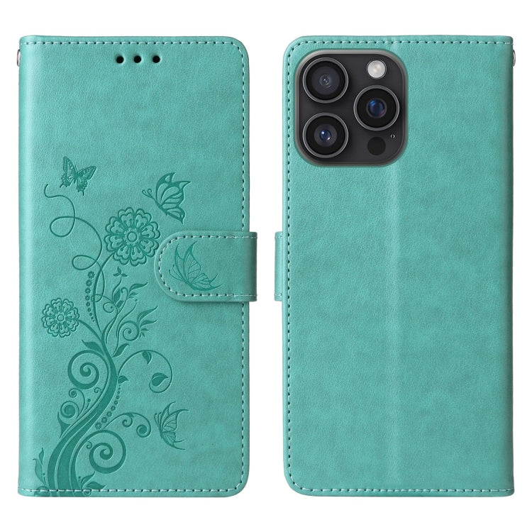 For iPhone 16 Pro Embossed Butterfly Flowers Leather Phone Case