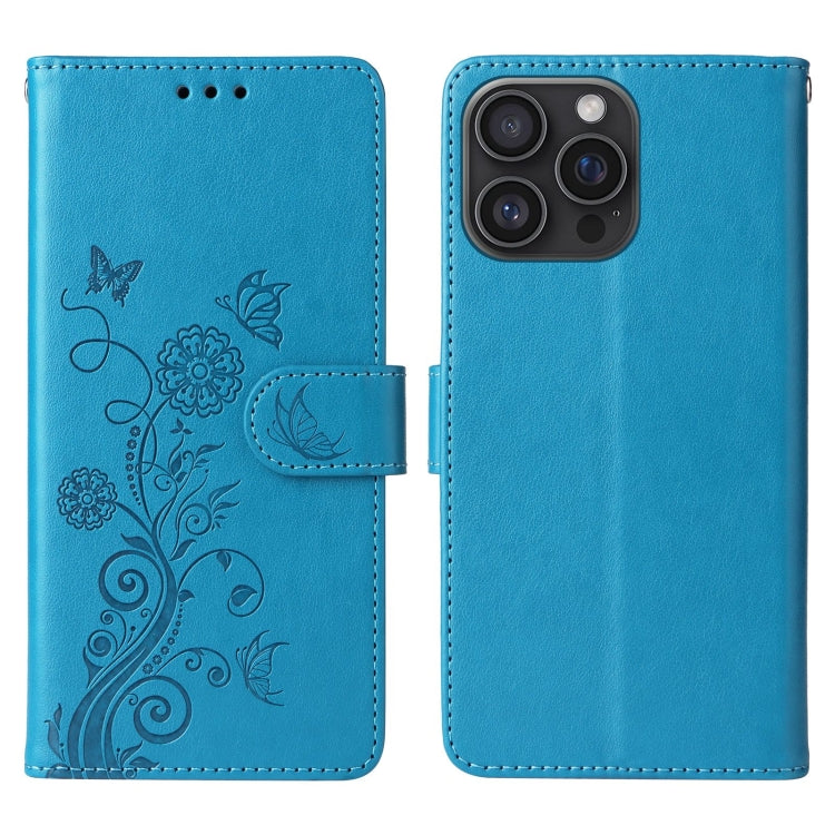 For iPhone 16 Pro Embossed Butterfly Flowers Leather Phone Case