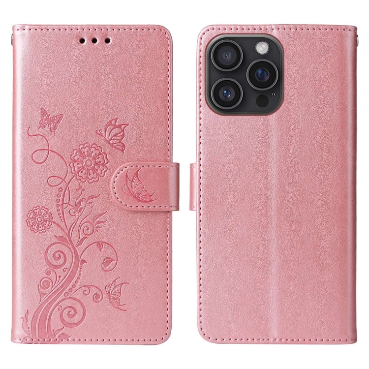 For iPhone 16 Pro Embossed Butterfly Flowers Leather Phone Case