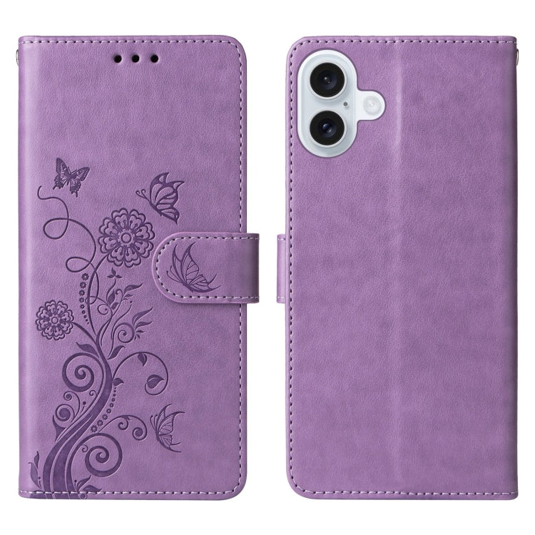 For iPhone 16 Plus Embossed Butterfly Flowers Leather Phone Case