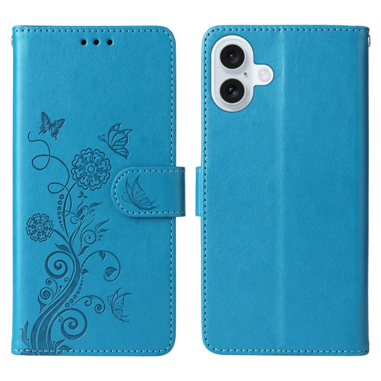 For iPhone 16 Embossed Butterfly Flowers Leather Phone Case