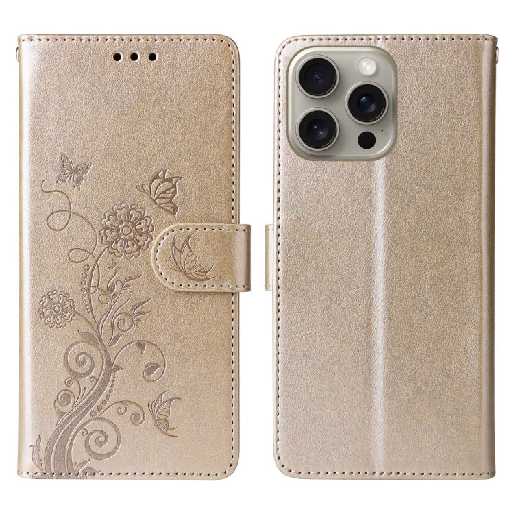 For iPhone 15 Pro Max Embossed Butterfly Flowers Leather Phone Case
