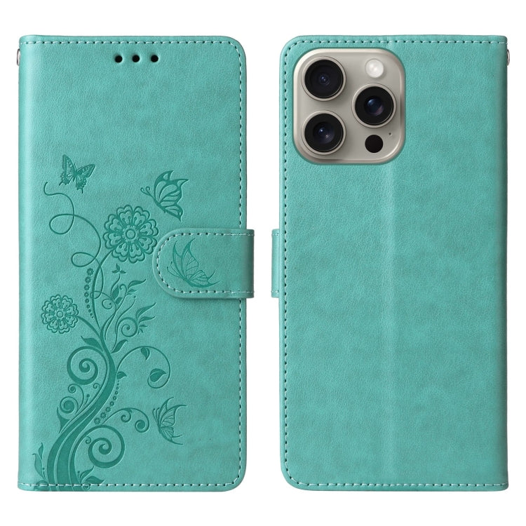 For iPhone 15 Pro Max Embossed Butterfly Flowers Leather Phone Case
