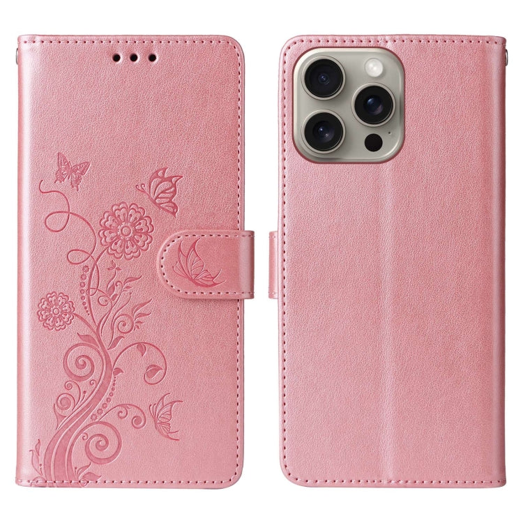 For iPhone 15 Pro Max Embossed Butterfly Flowers Leather Phone Case