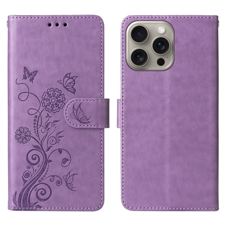 For iPhone 15 Pro Embossed Butterfly Flowers Leather Phone Case