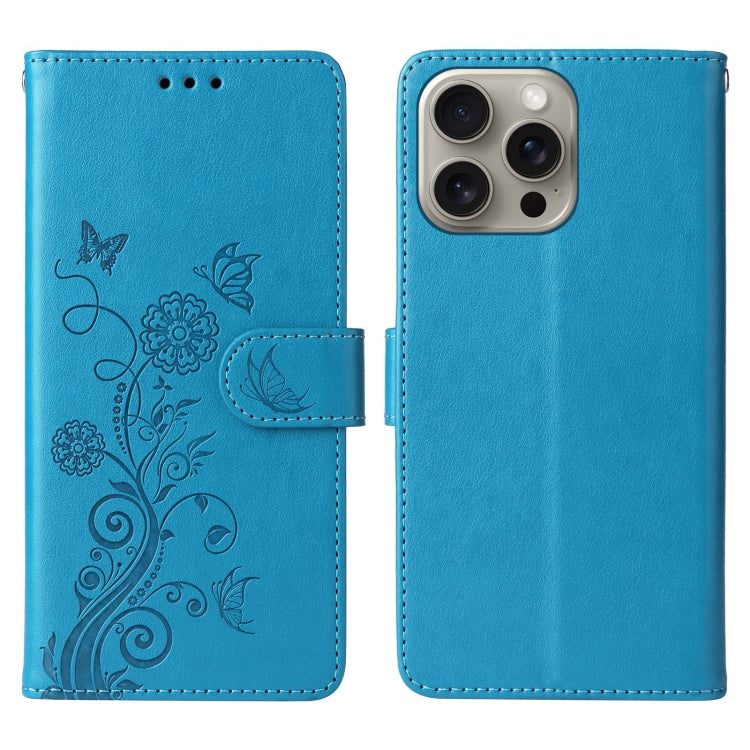 For iPhone 15 Pro Embossed Butterfly Flowers Leather Phone Case