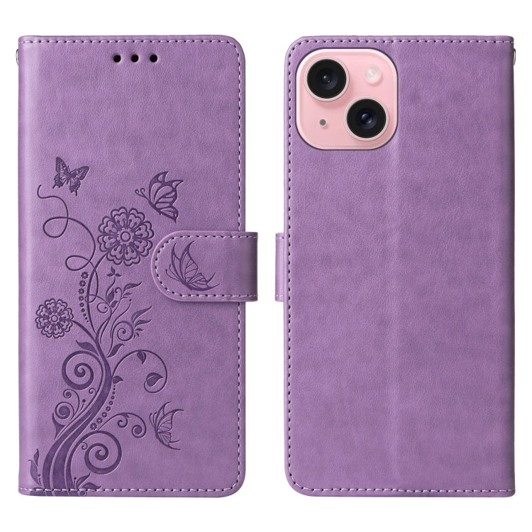 For iPhone 15 Plus Embossed Butterfly Flowers Leather Phone Case