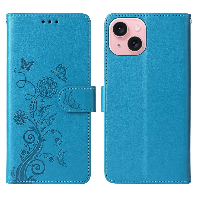 For iPhone 15 Plus Embossed Butterfly Flowers Leather Phone Case