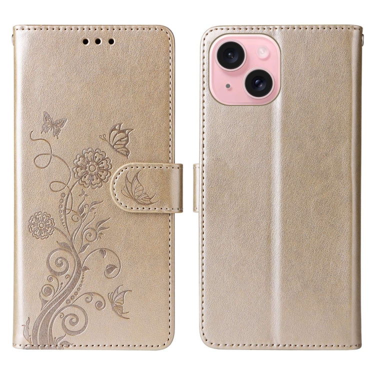 For iPhone 15 Embossed Butterfly Flowers Leather Phone Case