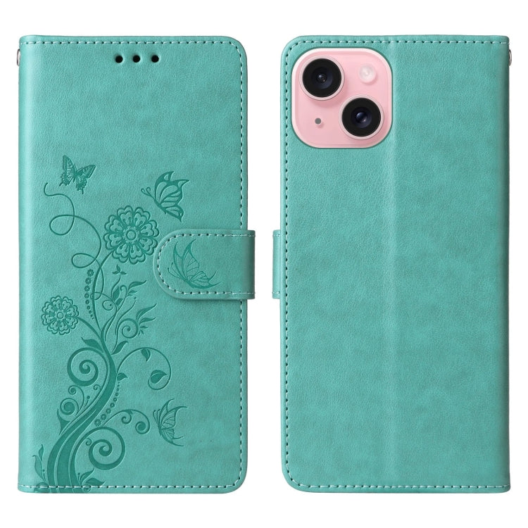 For iPhone 15 Embossed Butterfly Flowers Leather Phone Case
