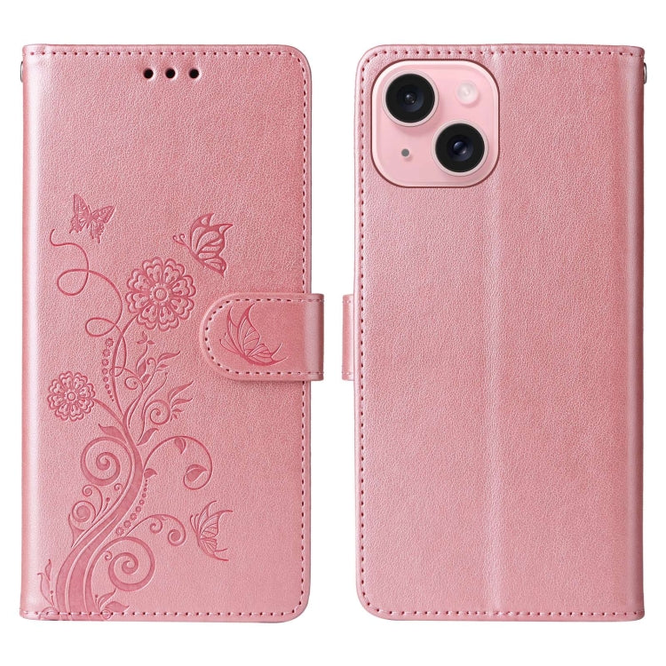 For iPhone 15 Embossed Butterfly Flowers Leather Phone Case