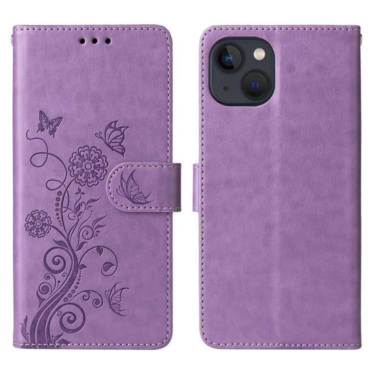 For iPhone 14 Plus Embossed Butterfly Flowers Leather Phone Case