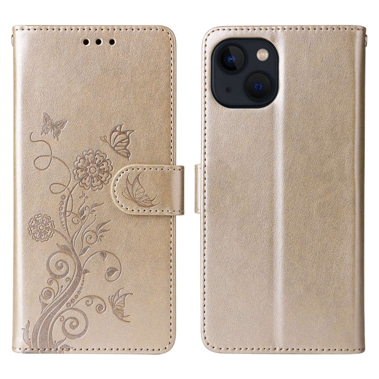 For iPhone 14 Plus Embossed Butterfly Flowers Leather Phone Case